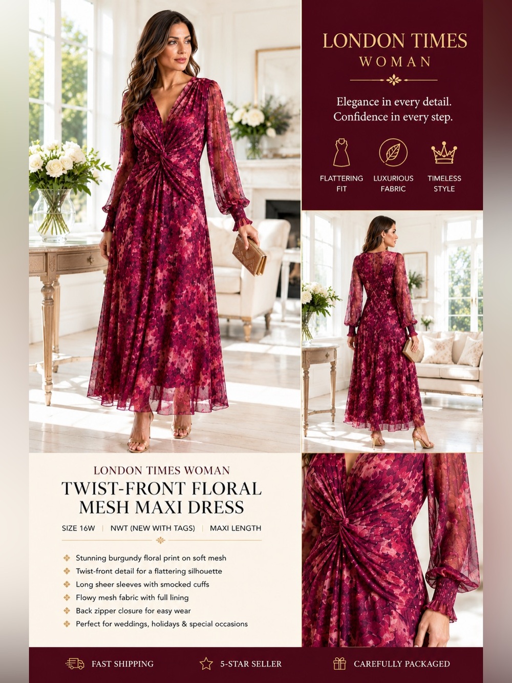 London Times Burgundy Floral Twist-Front mash Maxi Dress